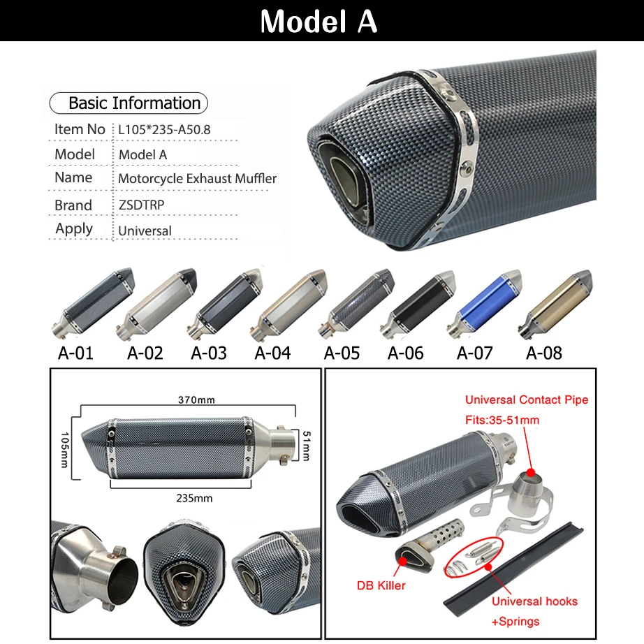 ZSDTRP 36~ 51 мм универсальный глушитель выхлопной трубы мотоцикла Escape Slip-On Pipe подходит для многих мотоциклов Скутер ATV Dirt Bike