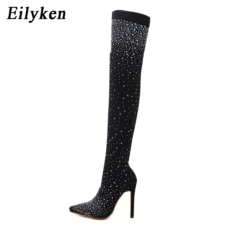 Eilyken 2021 Fashion Runway Crystal Stretch Fabric Sock Boots Pointy Toe Over the Knee Heel Thigh High Pointed Toe Woman Boot