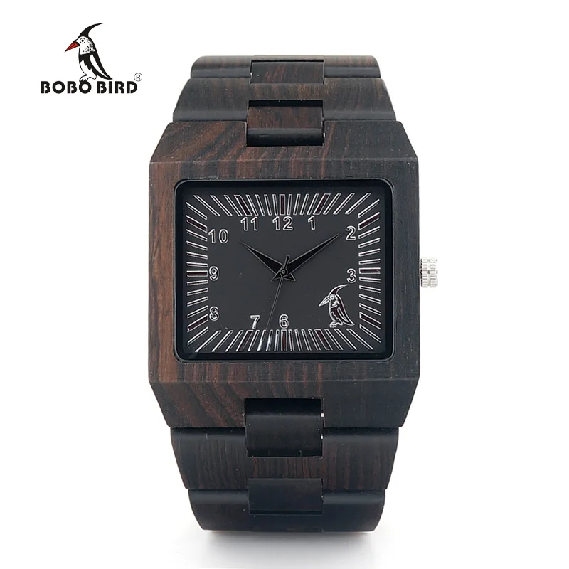 BOBO BIRD Ebony Wooden Rectangle Quartz Wrist Watch Mens Top Luxury Band with All Wooden Band in Gift Box relogio masculino