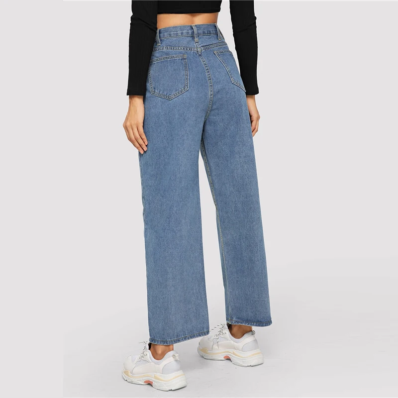 SweatyRocks, широкие женские джинсы на пуговицах, уличная одежда, одноцветные длинные джинсовые штаны с высокой талией,, летние синие повседневные свободные джинсы