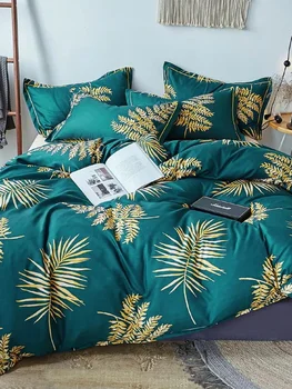 

Leaf Duvet Cover Set Banana Palm Tree Leaves Flowers Hibiscus Bedding Set dark Green