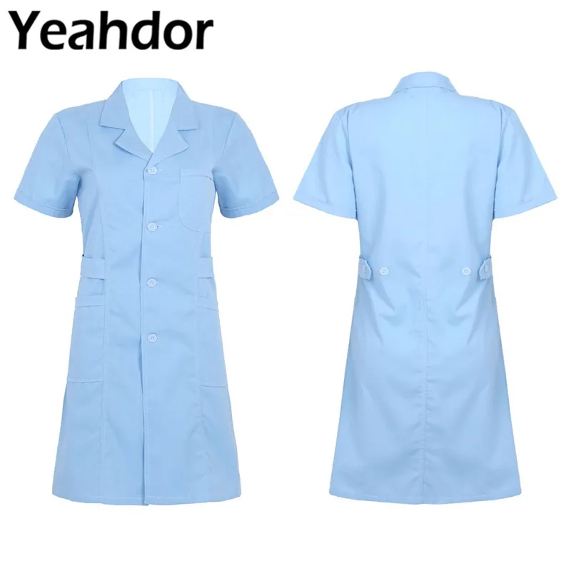 

Lapel Collar Adults Women Short Sleeve Button Front Hospital Dentists Nurse Scrub Lab Medical Doctors Nursing Coat Uniform Dress