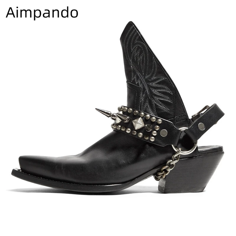 

Punk Style Genuine Leather Ankle Boots Women Slingback Chained Rivet Metal Decoration Point Toe Sewing Autumn Short Booties