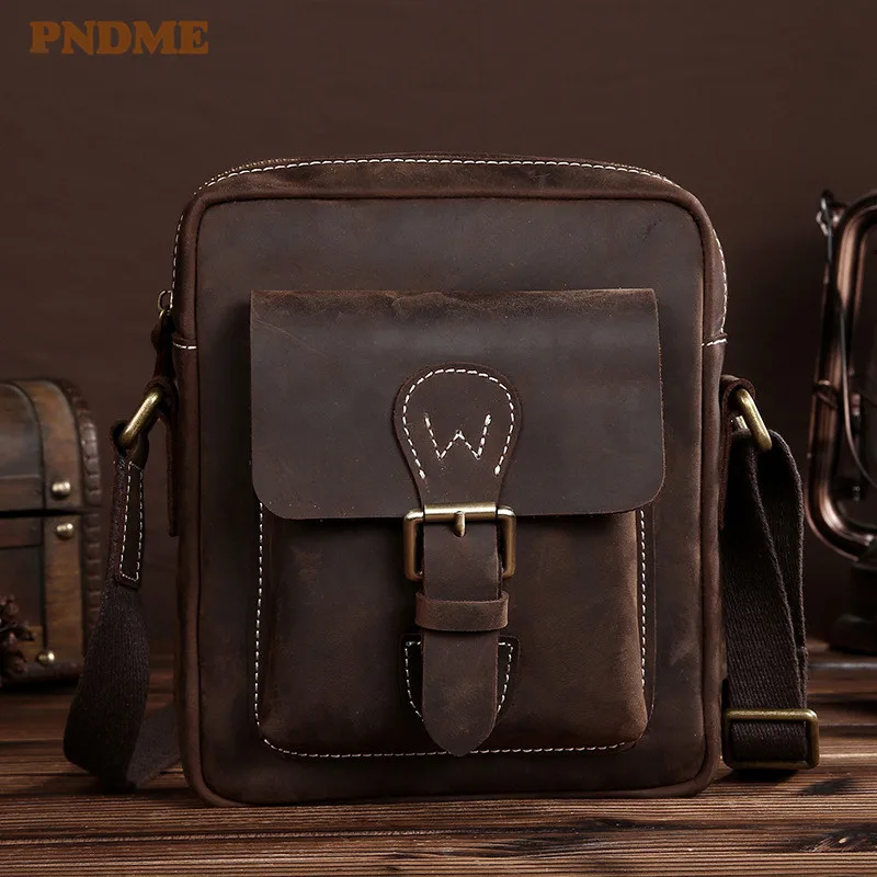

PNDME crazy horse cowhide men's shoulder bag vinatage casual simple genuine leather messenger bag outdoor daily small square bag
