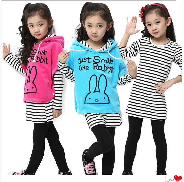 ФОТО 2015 spring and autumn female child set child batwing shirt three pieces set stripe set legging Children girl suit