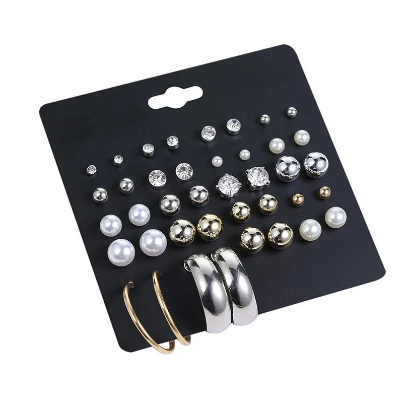 

20 Pairs/Set Brincos Mixed Imitation Pearl Crystal Alloy Stud Earrings For Women C-shaped Metal ear ring Fashion Jewelry