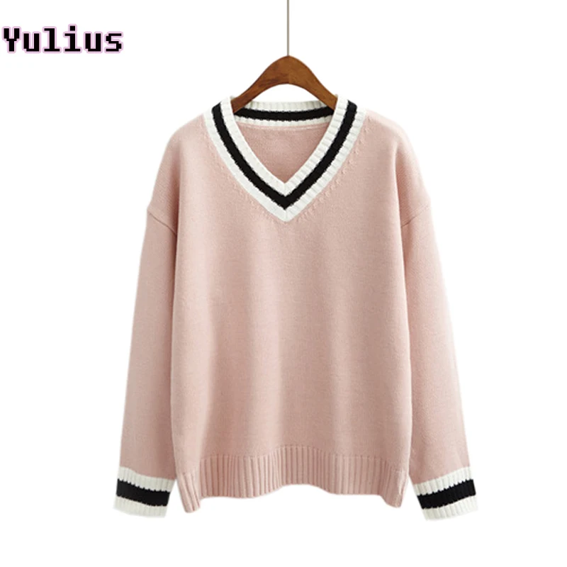 

Korean Style Women V-Neck Striped Edge Knitted Pullover Spring-Autumn Lady's sweater Student Fashion Loose Sweaters for Women