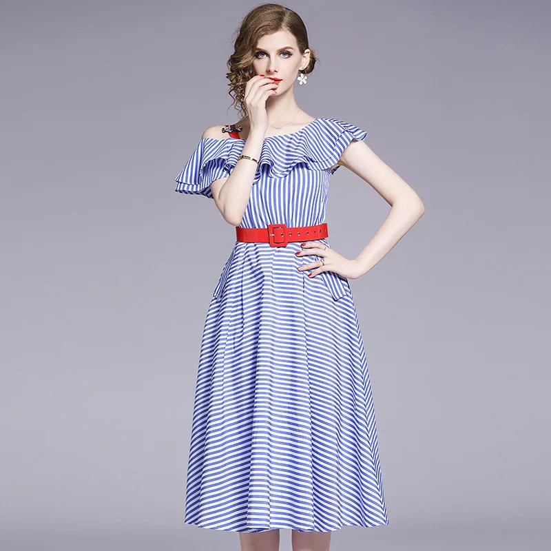 

Preppy Style 2019 Women's Summer Ruffles Striped Dress One Shlouder A-line Dresses Vestidos Robe Femme With Belt Mujer