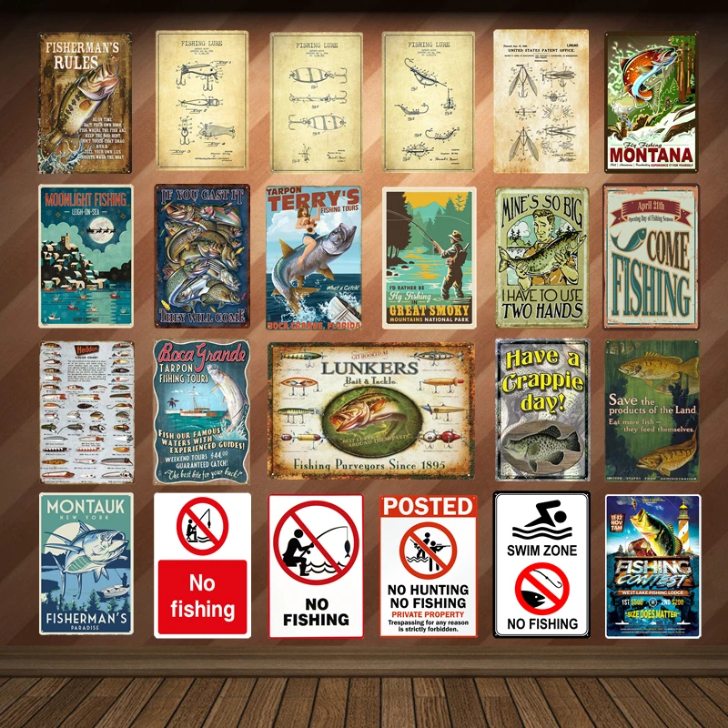 

Warning Swim Zone No Fishing Tin Plate Metal Signs For Family Bar Pub Club Vintage Home Decor Come To Fish Retro Poster YD004