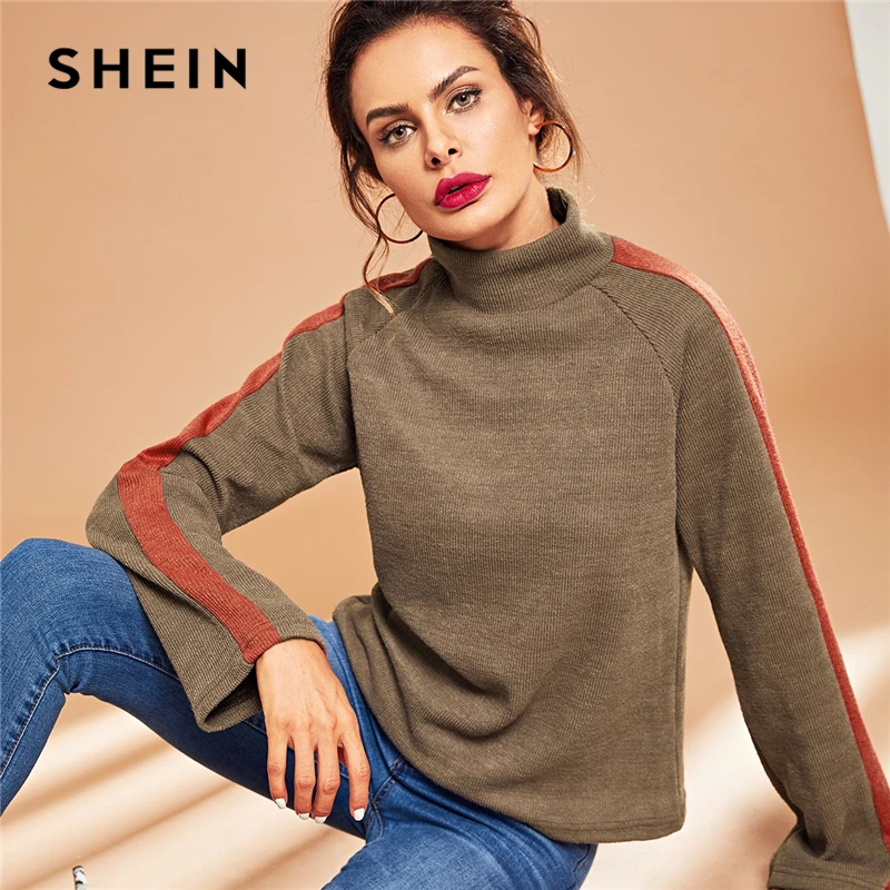 Download SHEIN Casual Coffee Mock Neck Striped High Neck Long ...