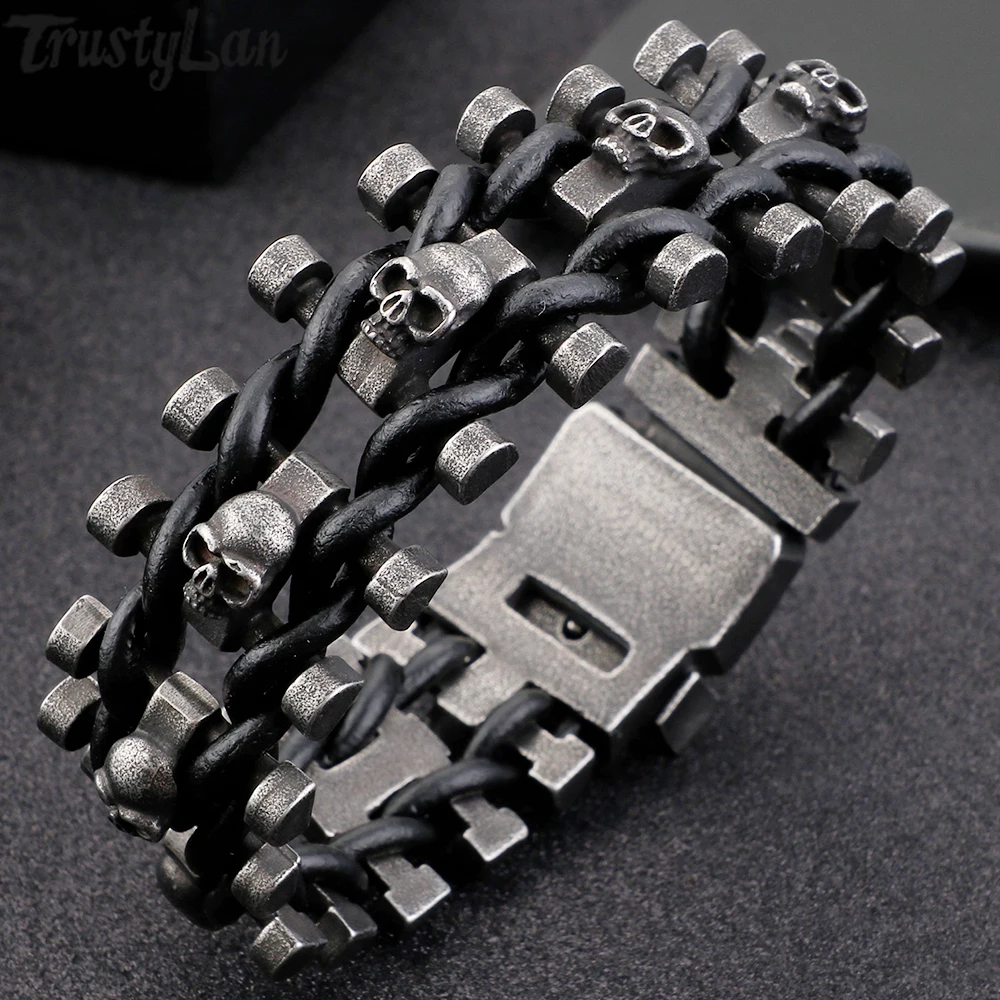 

TrustyLan 25MM Wide Skull Bracelet Men Leather Jewelry Stainless Steel Gothic Men's Bracelets With Belt Buckle Armband Heren