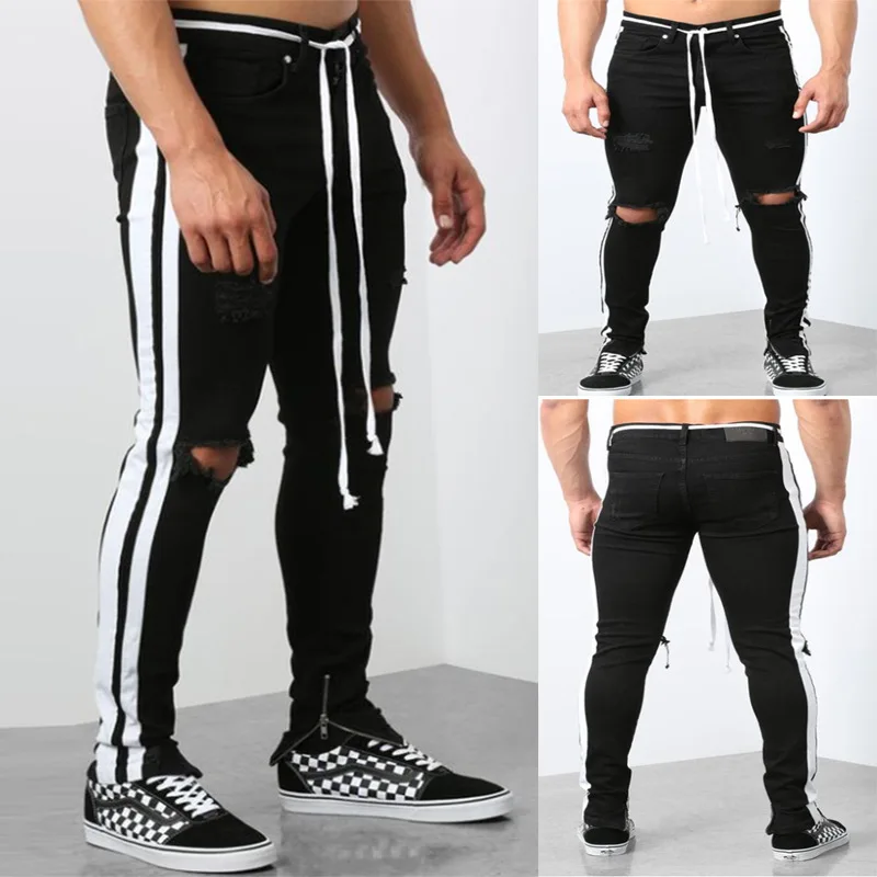 

Black Mens Striped Jeans Holes Designer Long Pencil Pants Teenager Hombres Street Jeans