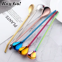 Stainless Steel Spoon Straw with Cleaning Brush,Eco Friendly and Reusable Straws with Spoon,Metal Tea Spoon with Straw for Milkshakes and Slushies，Golden Set of 2 