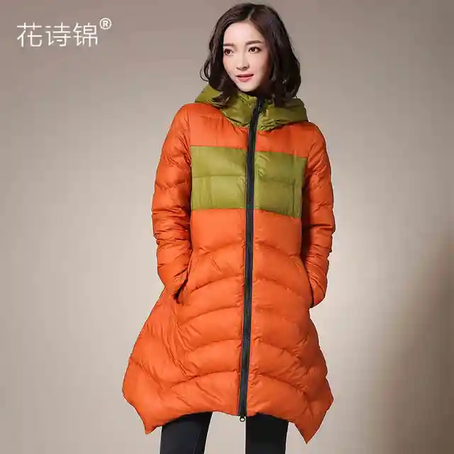 Cheap 2015 New Hot Winter Warm Cold Woman Down jacket Coat Parkas Outerwear Luxury Hooded Splice Long Plus Size 2XXL Hit color Slim