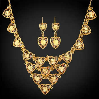 

Valentine's Day Gift Heart Jewelry Earrings Necklace Set Yellow Gold Color Maxi Necklace Costume Jewelry Set Women NE1593