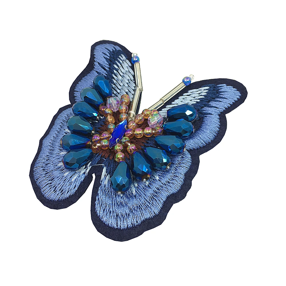2pc 8x9cm Sew On Beaded Butterfly Patch Applique Blue Butterflies