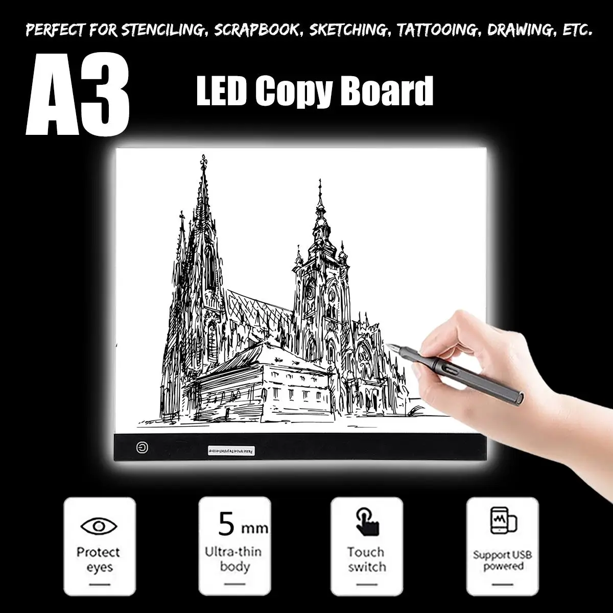 

A3 Art Craft Drawing Copy Tracing Tattoo LED Light Box Board Pad Slim w/USB Cable