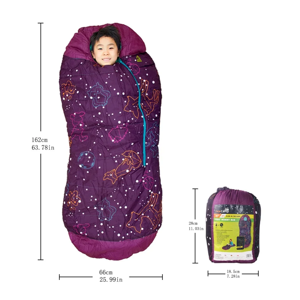  AceCamp Portable Folding Kids Sleeping Bag Mummy Style Temperature 30F /-1C Starry Sky Seal Luminous Warm Sleeping Bag
