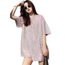 Летняя модная футболка, топы размера плюс, свободные футболки с круглым вырезом и коротким рукавом для ночного клуба,, модная футболка с шиммером