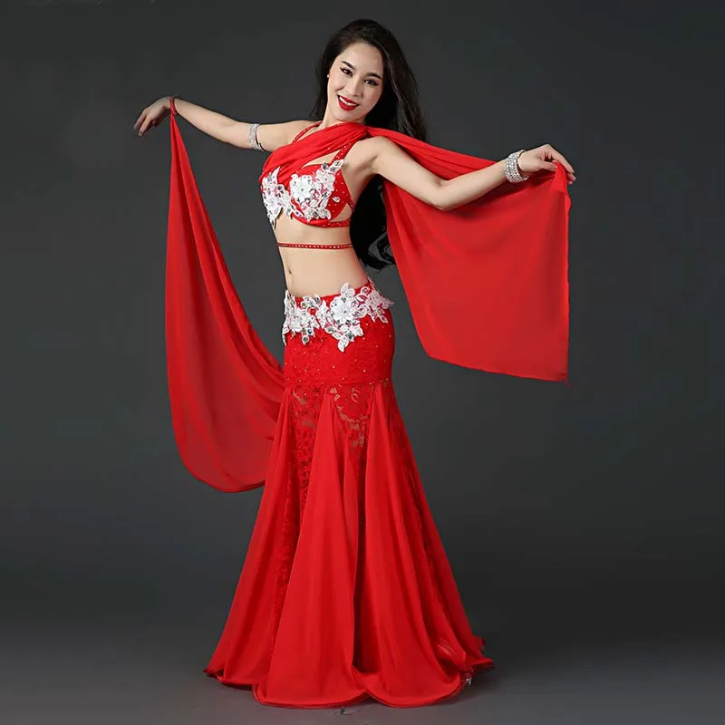 2018 Professional Belly Dancing Costumes Set Performance Diamond 2PCS Bra Skirt