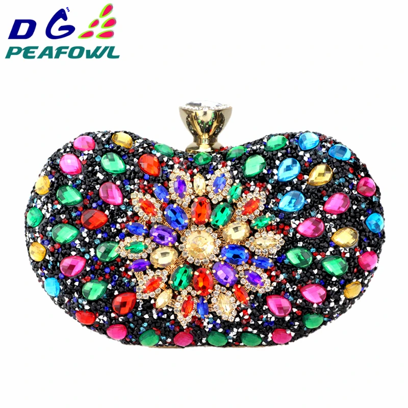 DG PEAFOWL Two Side Luxury crystal Floral Clutch chain bag evening woman diamond wedding Shoulder wallet purse Handbags 5 colors