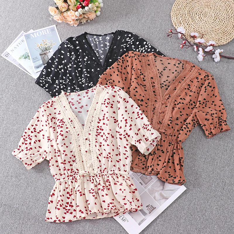 

Women Short Puff Sleeve V-neck Ruffles Button Shirt Casual Elastic Slim High Waist Pullover Lace Up Bandage Chiffon Blouse Tops