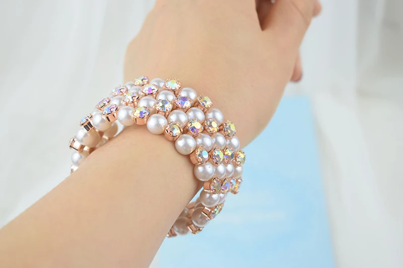 Fashion Crystal Pearl Bracelets Bangles for Women Gold Silver Plated Stretching Bracelets Pulseras Mujer Wedding Jewelry Gift 6