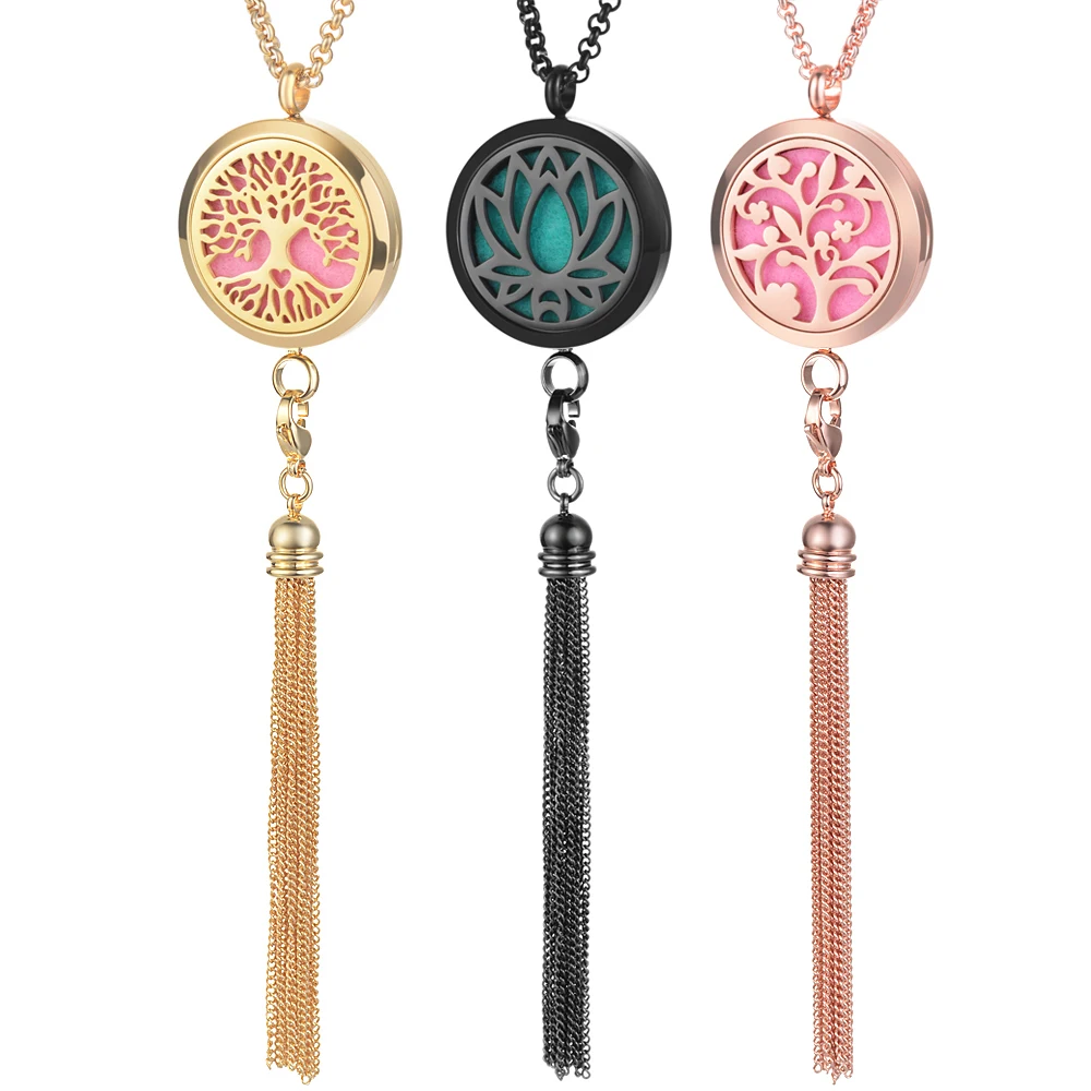 

10pcs/lot 30mm Colorful Aroma Diffuser Locket Removeable Tassels Necklace 316L Stainless Steel Magnetic With Pads VA-992*10