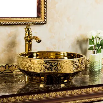 

Ceramic Washbasin Handbasin Art Golden Washbasin European gold Patterned ceramic wash basin Bathroom sink