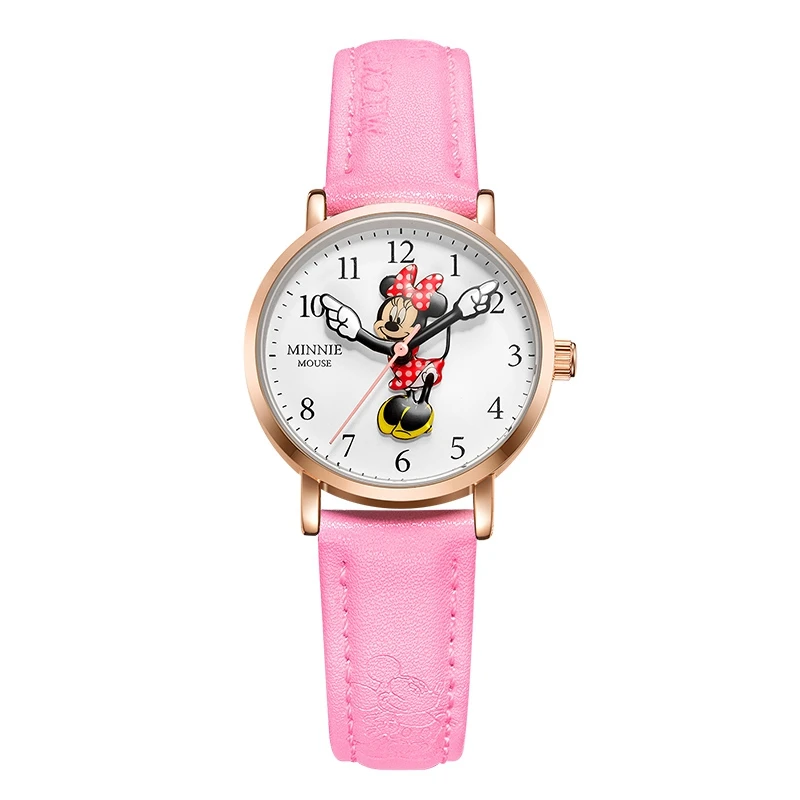Минни Маус милые девушки нейлоновый ремешок кожаный ремешок Дисней люксовый бренд детские часы красивый подарок студенческие модные часы водонепроницаемые - Цвет: Pink leather