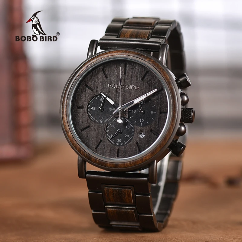 BOBO BIRD Chronograph Men Watch Wooden Luxury Stainless Steel Quartz Wristwatches with Calendar erkek kuvars saatler