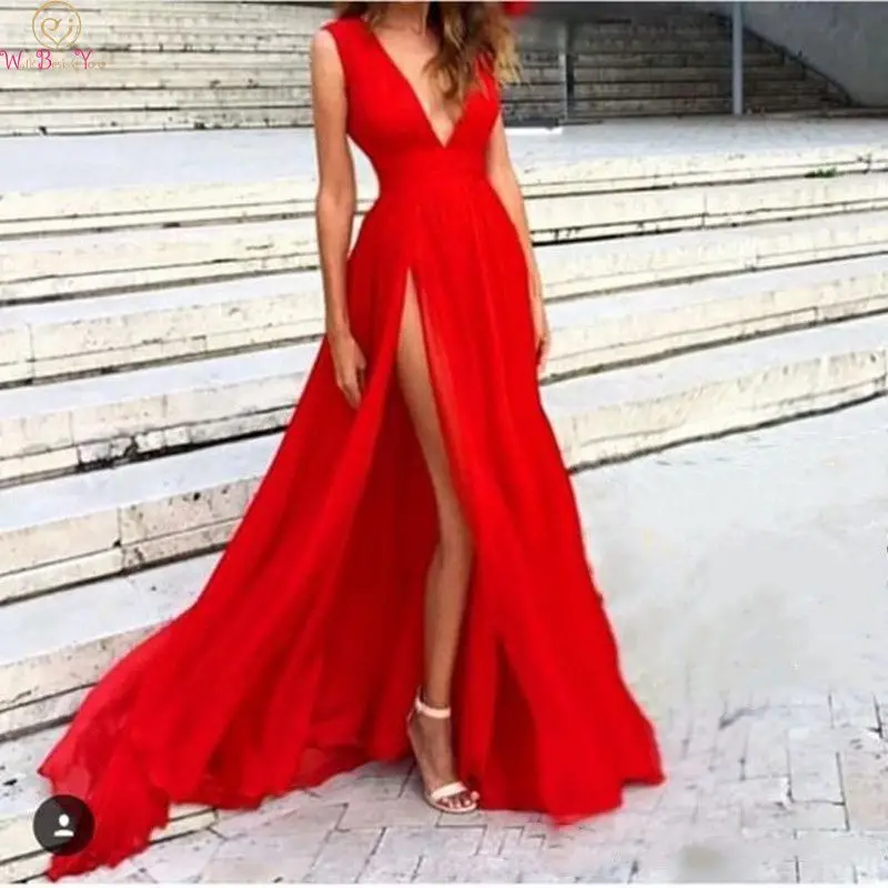 

Red Evening Dresses 2019 Sleeveless A Line Satin Robe De Soiree Elegant Floor Length Sexy Deep V Neck Split Formal Prom Gowns