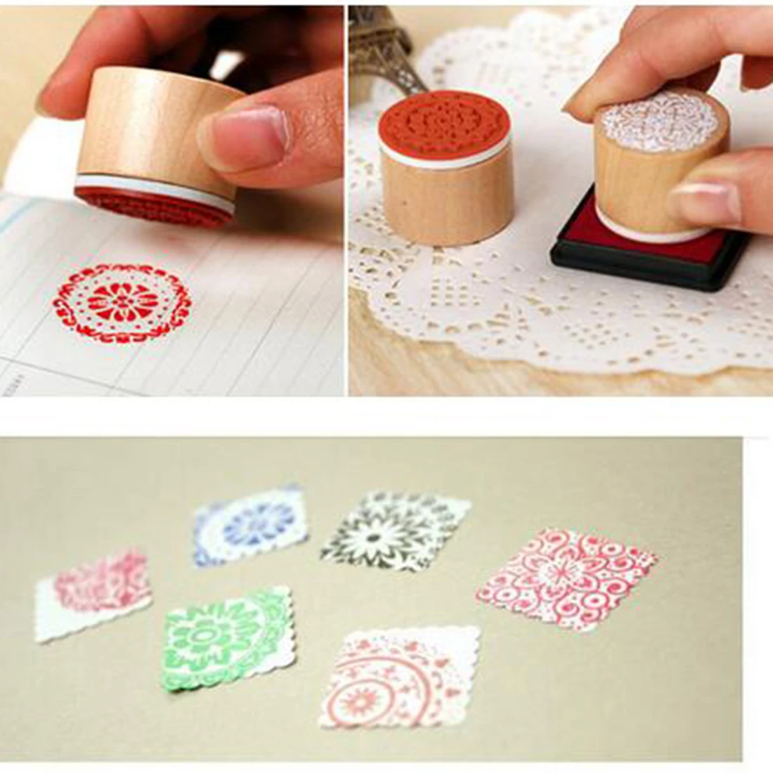 

New 6Pcs Assorted Retro Floral Flower Pattern Round Wooden Rubber Stamp Scrapbook