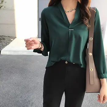 

office Lady Chiffon Blouse Shirt Summer Blouse Tops Long Sleeve V Neck Female Blouse