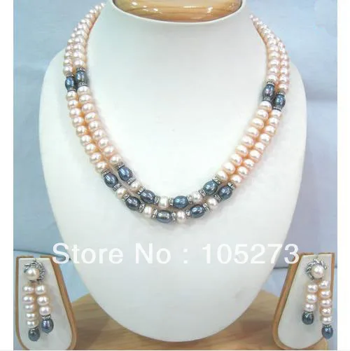New Free Shipping Pearl Jewelry Set 7-8mm Natural White Pink Grey Freshwater Pearl Necklace Earrings 17-18'' 2Rows Top Quality New Free Shipping Pearl Jewelry Set 7-8mm Natural White Pink Grey Freshwater Pearl Necklace Earrings 17-18'' 2Rows Top Quality