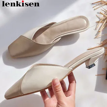 

Lenkisen superstar low heels mixed colors genuine leather slip on mules women pumps low heels square toe elegant party shoes L44