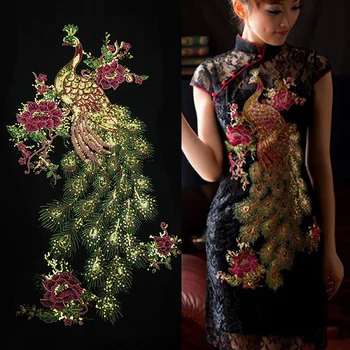 

Paillette patch applique Peacock peony embroidery buiter patch DIY garment Accessories applique Sew on patches 2pcs/lot