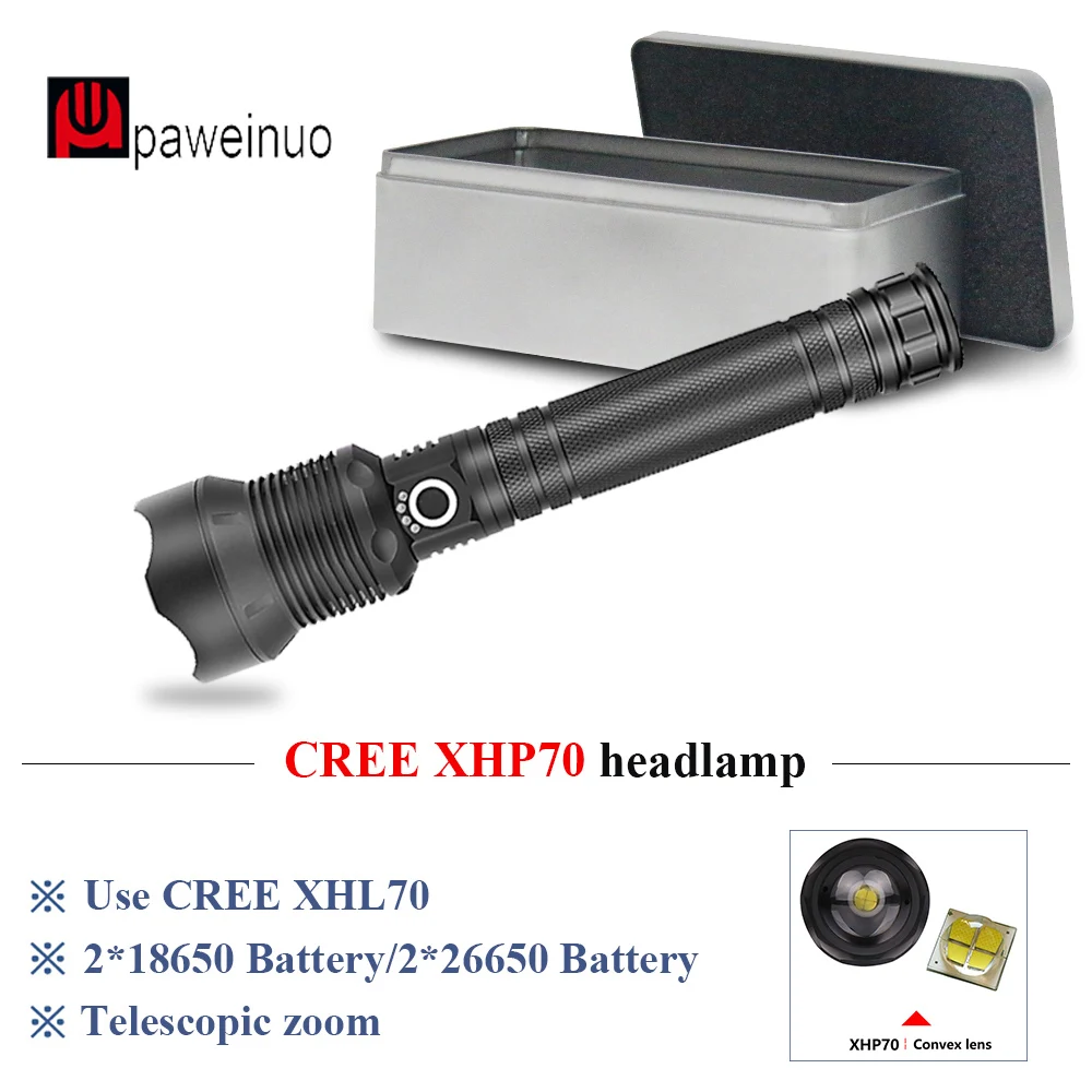 

32w chip xlamp CREE XHP70 32000lm powerful Tactical LED flashlight torch zoom xhp70 led Lantern use 18650 or 26650 battery USB