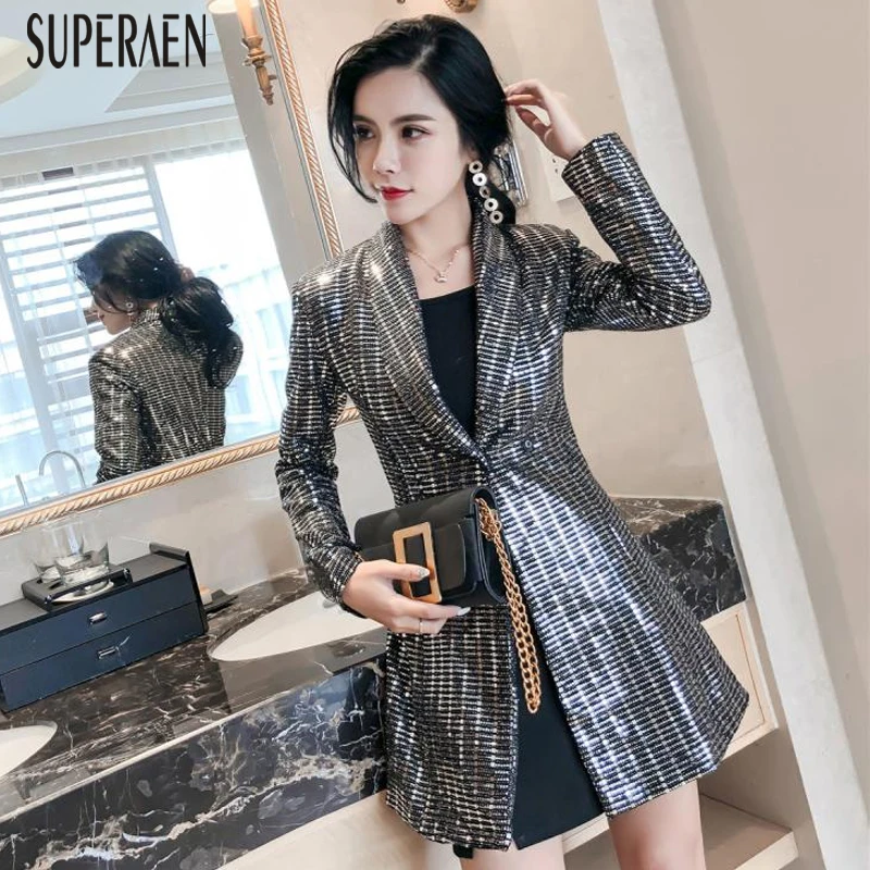 SuperAen Новинка 2019 весна корейский стиль Женский костюм куртка темперамент блестки дикая женская куртка Тонкий длинный рукав женская одежда