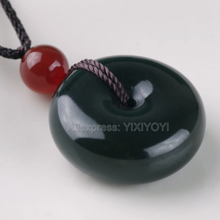 

Beautiful Natural Dark Green HeTian Jade Carved Chinese Round Buckle Lucky Pendant + Free Necklace Certificate Fine Jewelry
