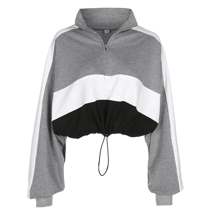 

2019 New Midriff Pullover Sexy Black White Grey Splicing Hoodies Women Girl Sweatshirt Drawstring Zipper Decoration High Quality
