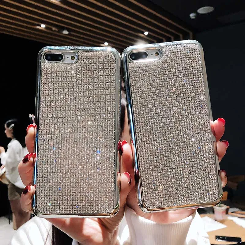 

Rhinestone Bling Case On for iPhone 6S 7 Case Silicone Luxury Coque Plating Frame Shockproof Cover for iPhone X XR XS Max Fundas