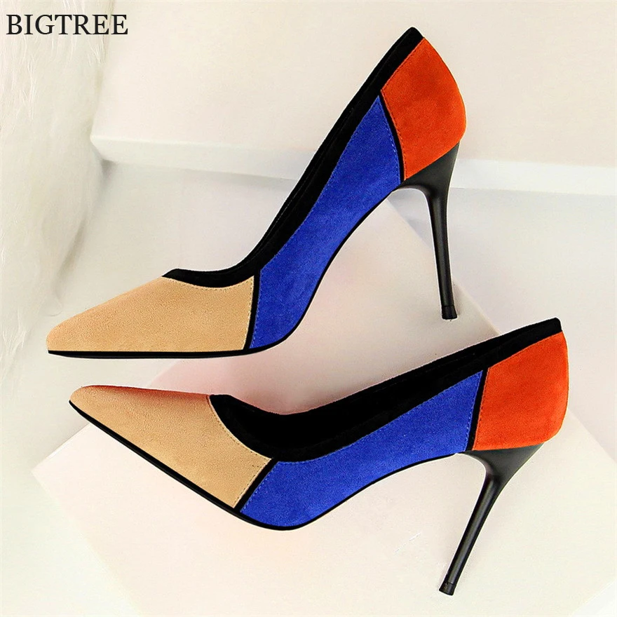 

Size 34-40 Mixed Colors Flock Women's High Heels Shoes 2019 New Pointed Toe Shallow Fashion Women Pumps Show Thin Office Shoes