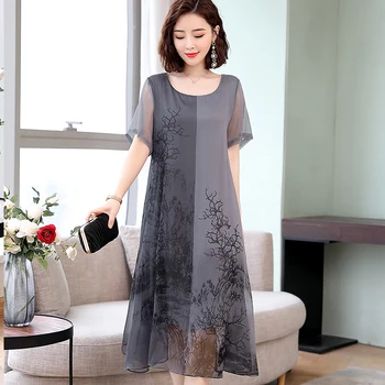 

2020 Summer New Women's Dress Long Section Large Size Loose Simulation Silk Dress Temperament Elegant Print Dress Vestido QQ230