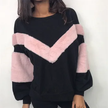 

New Warm Women Plush Sweatshirt Color Stitching Long Sleeve Patchwork Pullover Tops Sweatshirt Sexy Spring Autumn Jumper Hoodies
