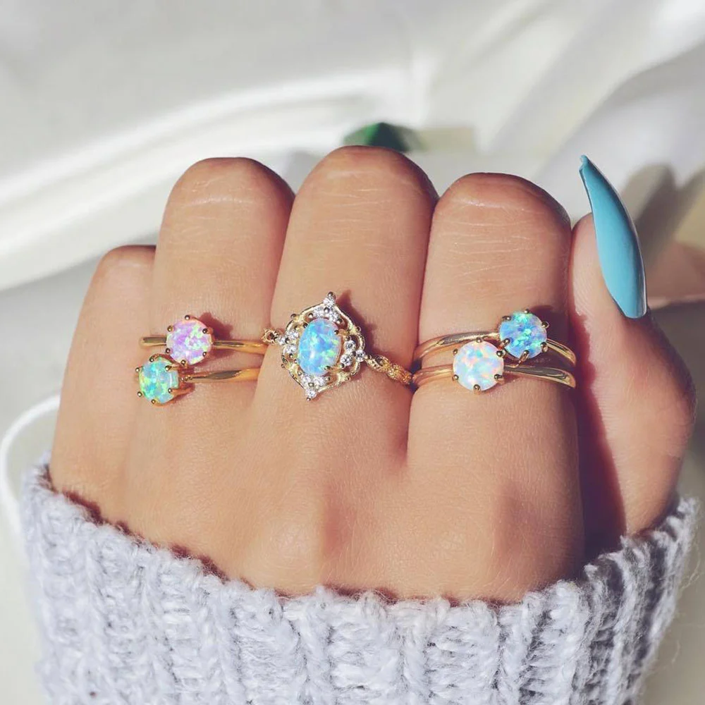 

5 Pcs/Set Fashion Design Vintage Imitation Opal Knuckle Rings Set For Women Bohemian Oval Geometric Flower Crystal Rings