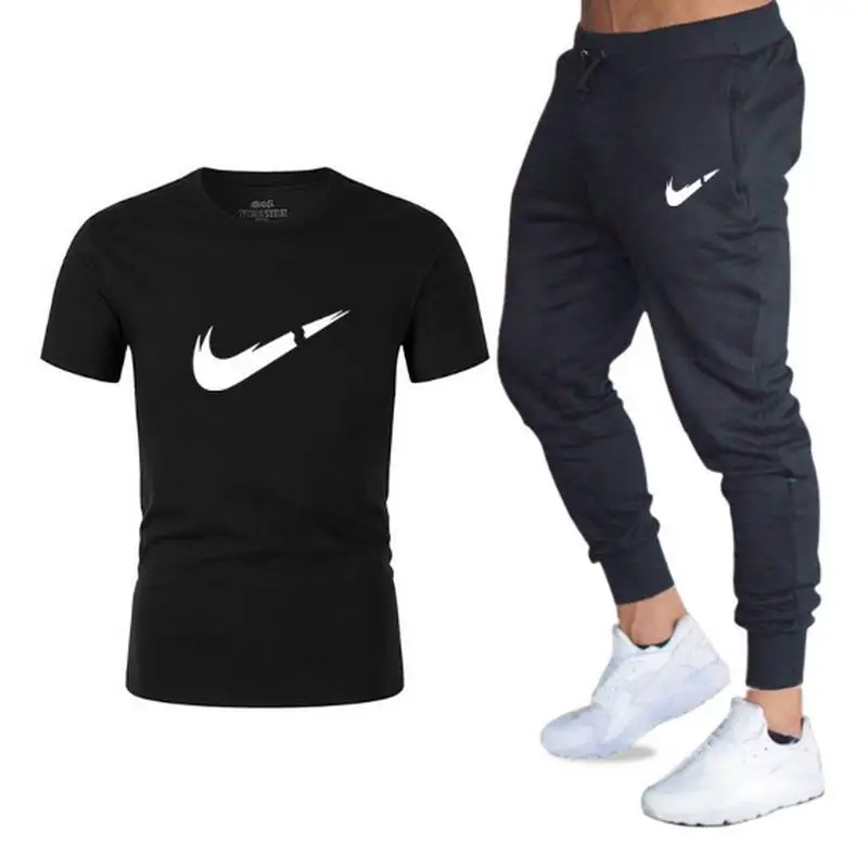 

New Summer Hot Sale Men's Sets T Shirts+pants Two Pieces Sets Casual Tracksuit Male 2019 Casual Tshirt Gyms Fitness trousers men
