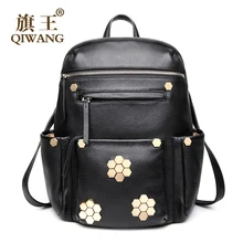 QIWANG Luxurious Laptop Backpack Casual Women Real Genuine Leather Backpack Appliques Flower Back Pack Bag on