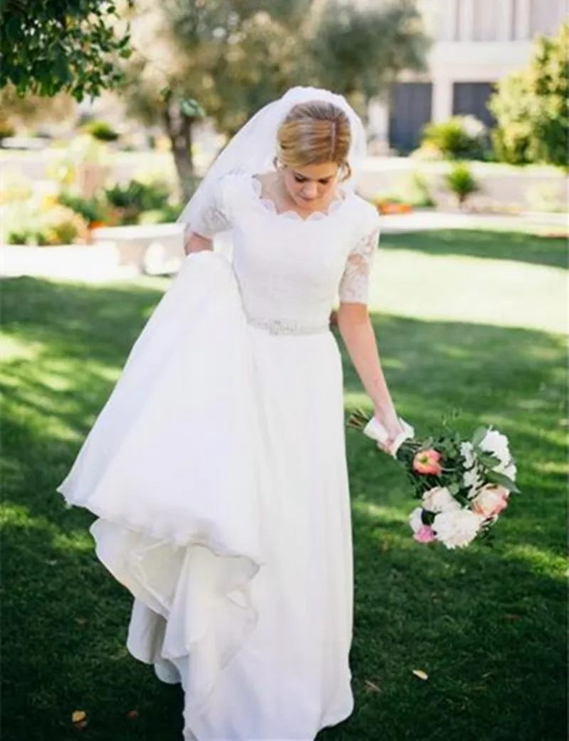 

vestido de noiva 2019 White Ivory A-Line Beaded Sash Vintage Half Sleeve Lace Wedding Dresses Bridal Gowns Custom
