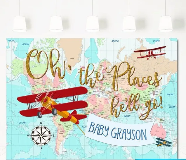 Custom World Travel Airplane Vintage Birthday Baby Shower Hot Air Balloon Map Sfondi Computer Print Party Background